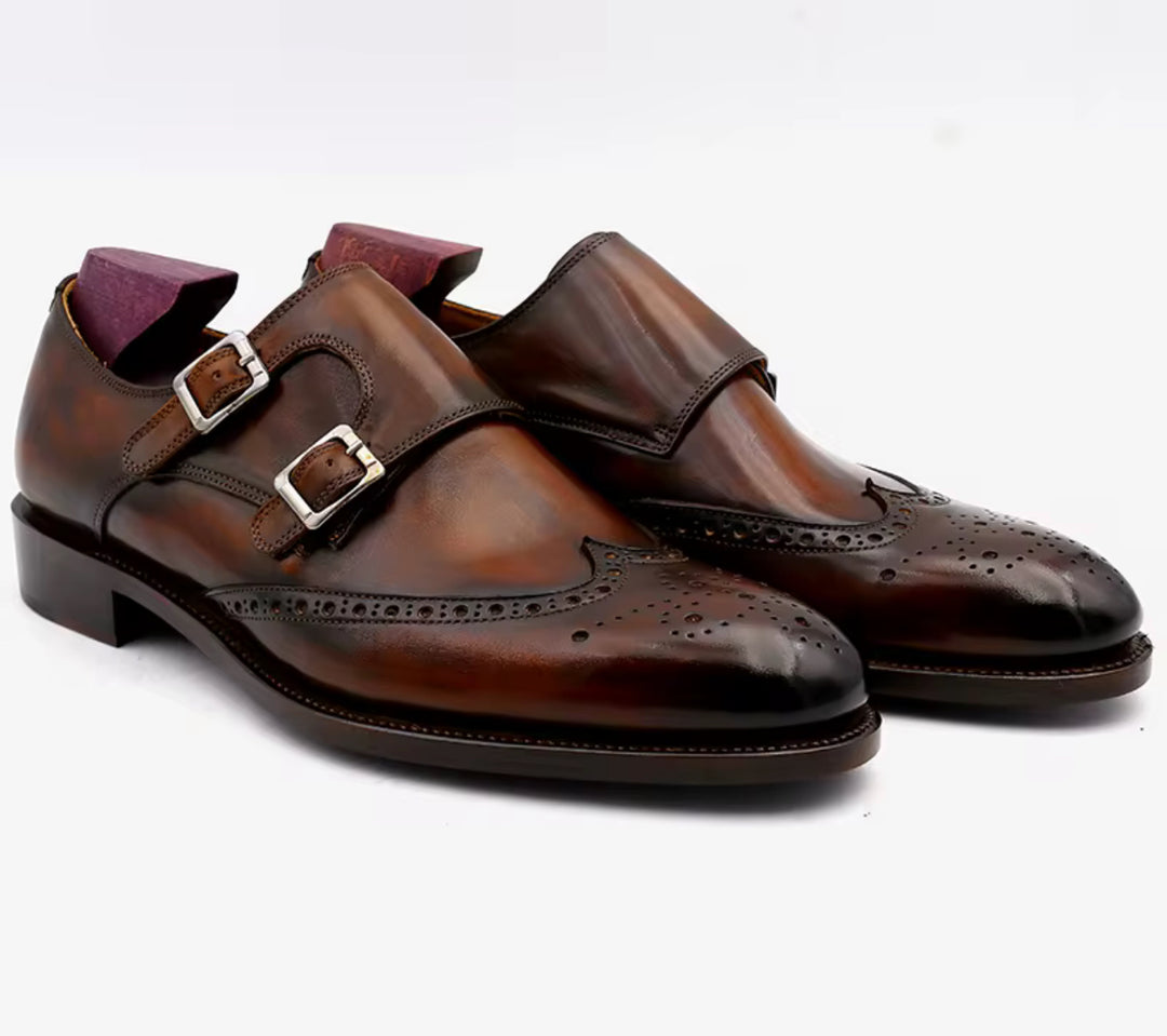 Hand-Painted Goodyear-Welted Monk Strap Shoes — Full-Grain Calf Leather MS00