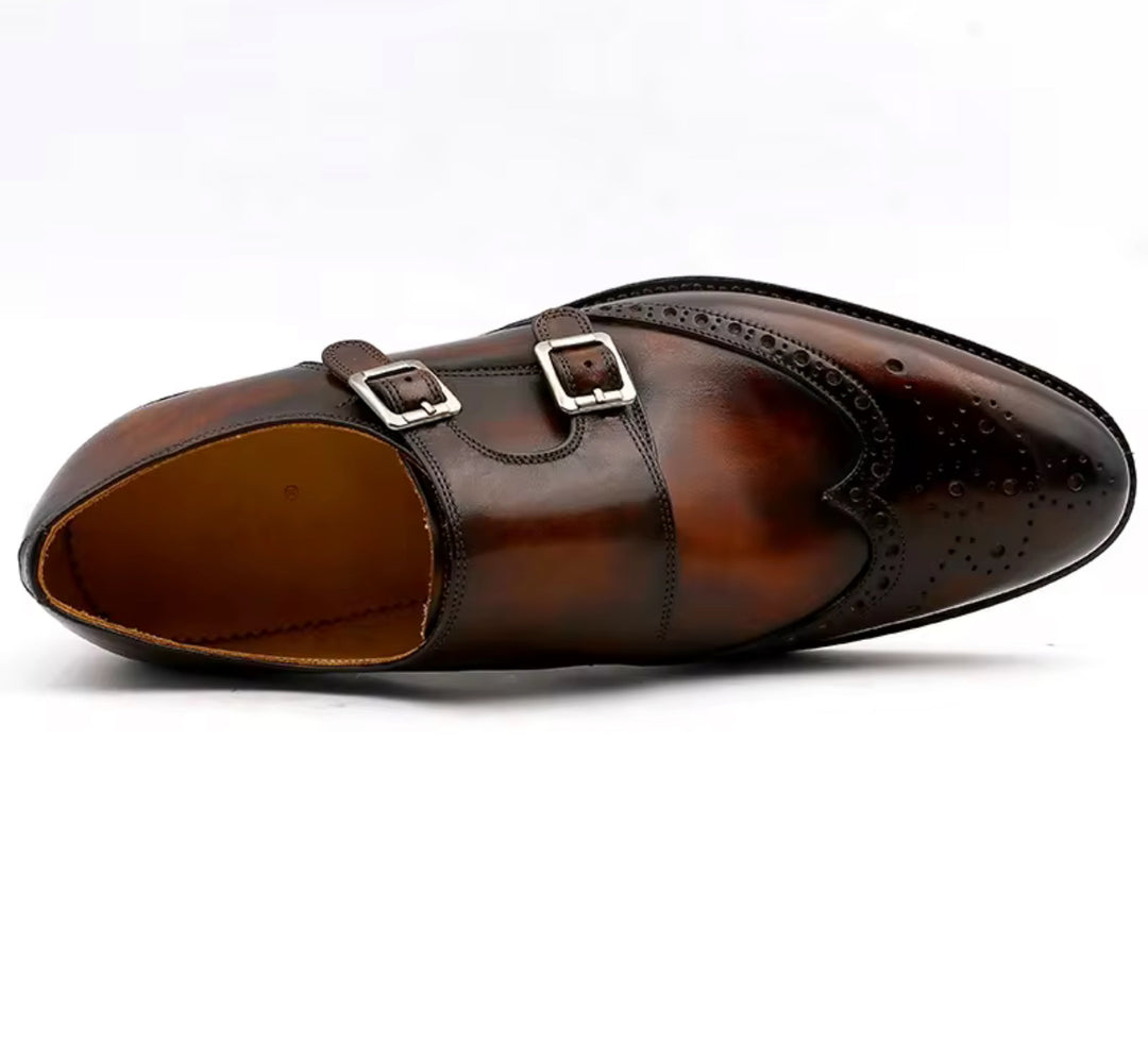 Hand-Painted Goodyear-Welted Monk Strap Shoes — Full-Grain Calf Leather MS00