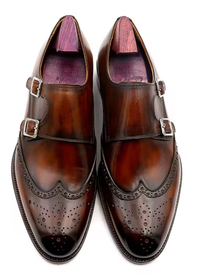 Hand-Painted Goodyear-Welted Monk Strap Shoes — Full-Grain Calf Leather MS00