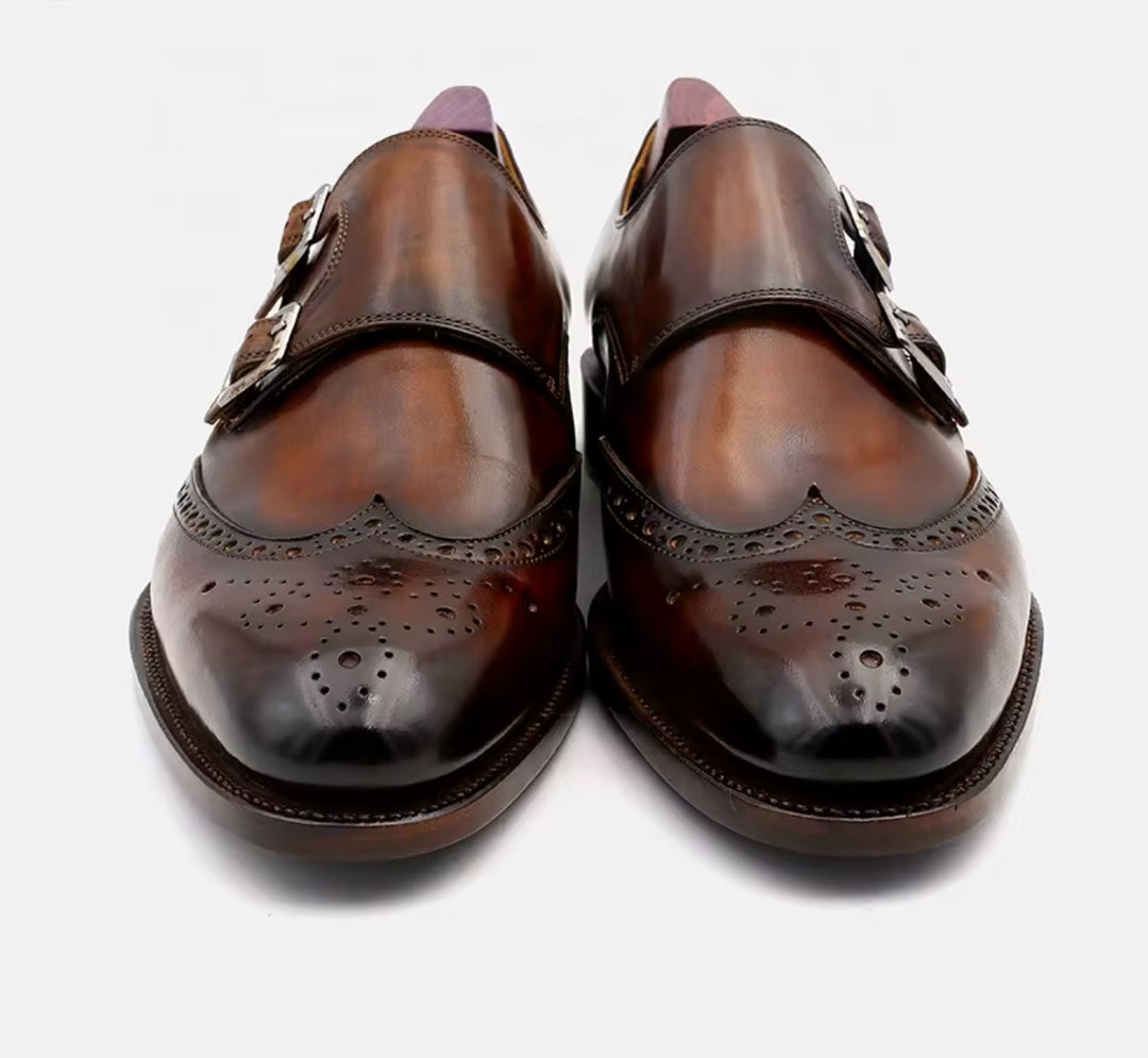 Hand-Painted Goodyear-Welted Monk Strap Shoes — Full-Grain Calf Leather MS00
