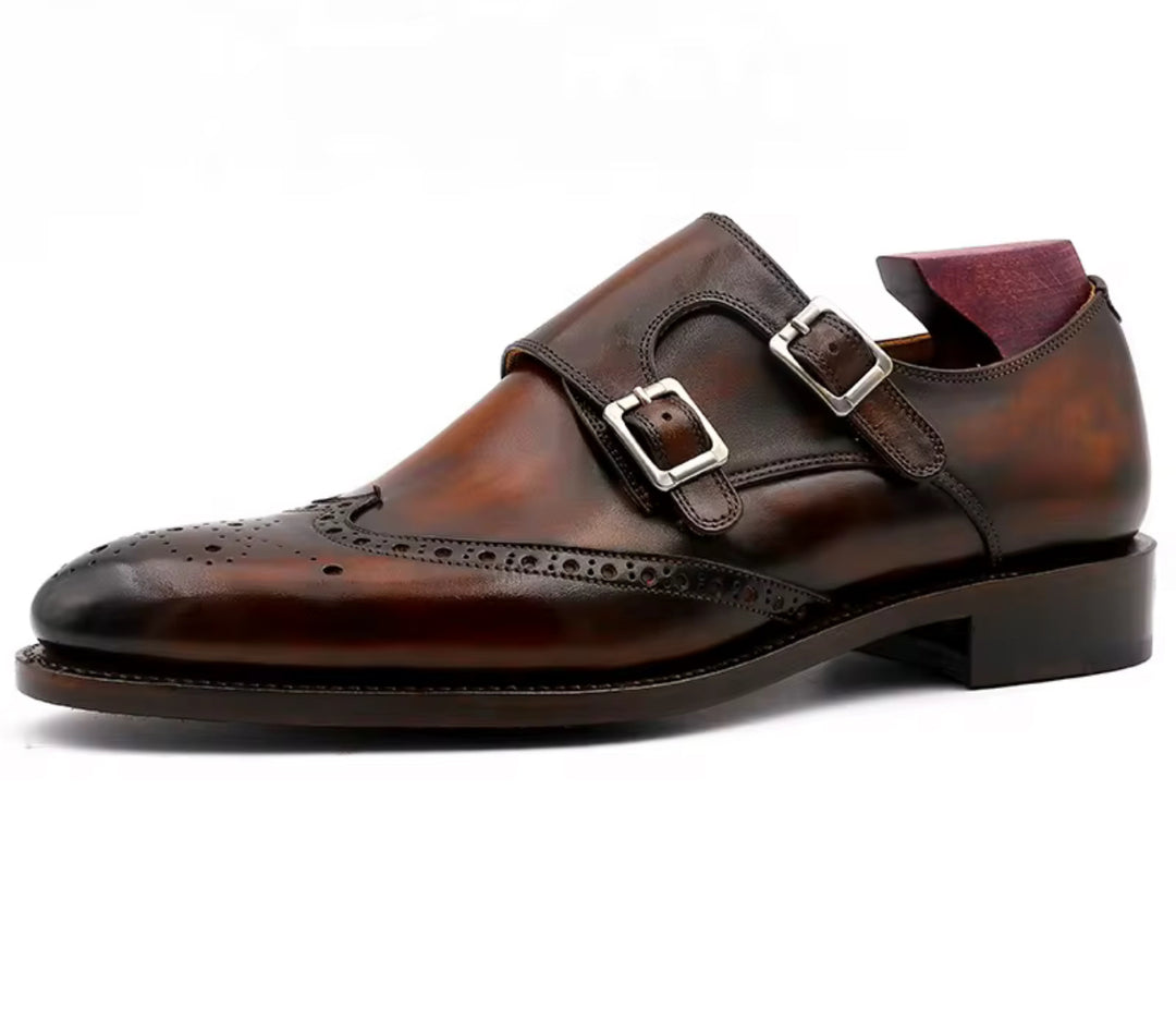 Hand-Painted Goodyear-Welted Monk Strap Shoes — Full-Grain Calf Leather MS00