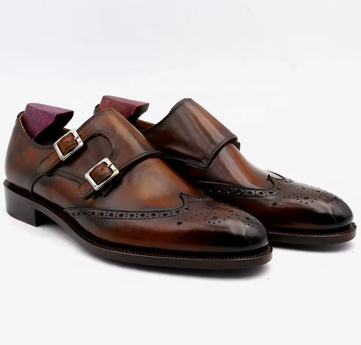 Hand-Painted Goodyear-Welted Monk Strap Shoes — Full-Grain Calf Leather MS00