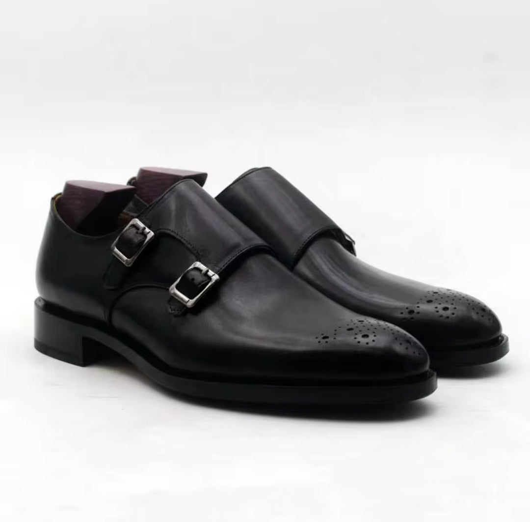 Hand-Painted Goodyear-Welted Monk Strap Shoes — Full-Grain Calf Leather MS184