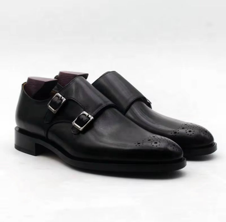 Hand-Painted Goodyear-Welted Monk Strap Shoes — Full-Grain Calf Leather MS184