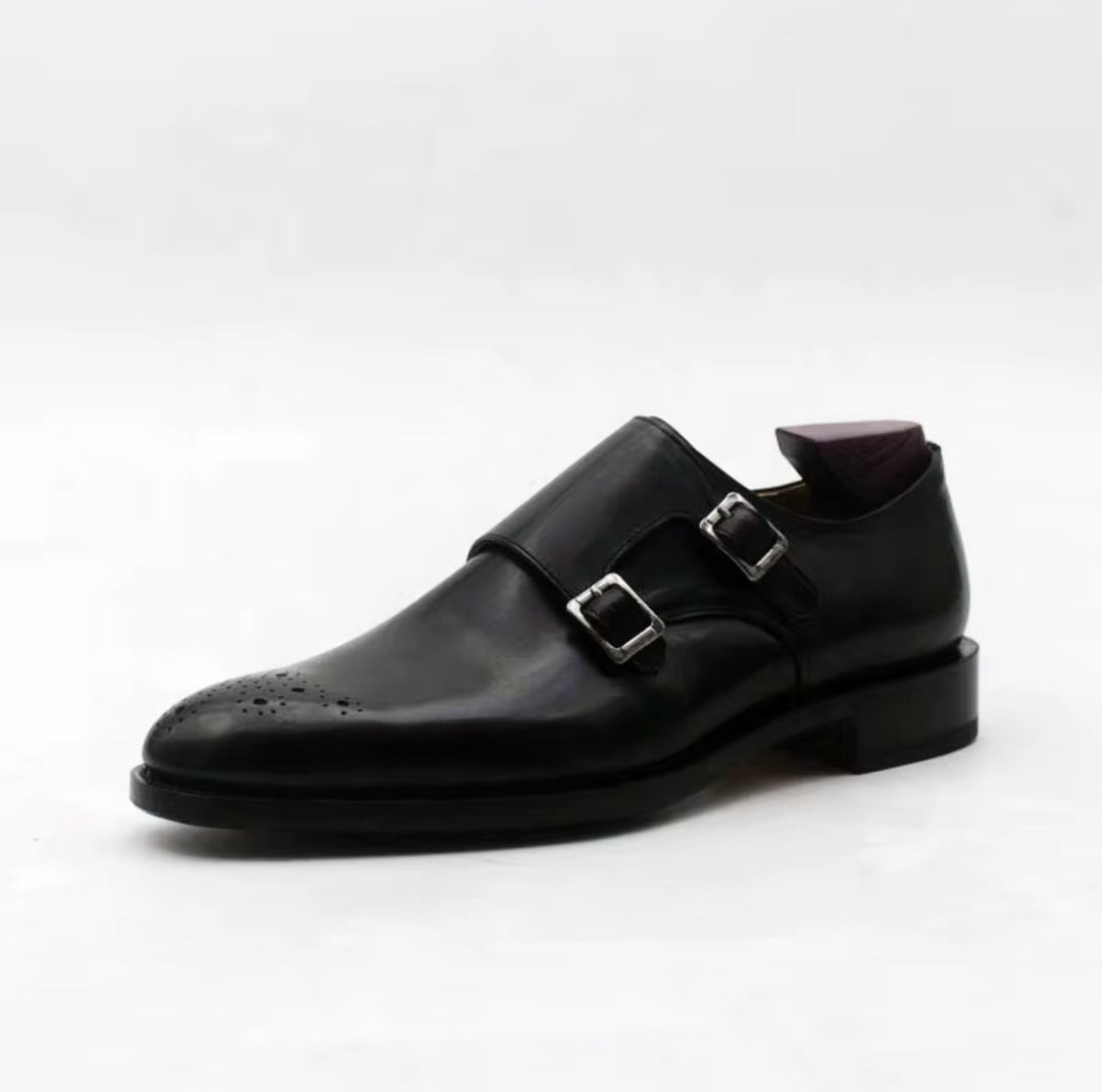 Hand-Painted Goodyear-Welted Monk Strap Shoes — Full-Grain Calf Leather MS184