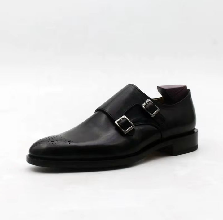 Hand-Painted Goodyear-Welted Monk Strap Shoes — Full-Grain Calf Leather MS184