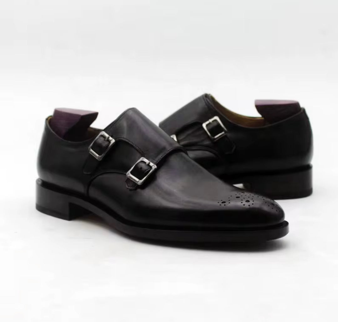Hand-Painted Goodyear-Welted Monk Strap Shoes — Full-Grain Calf Leather MS184