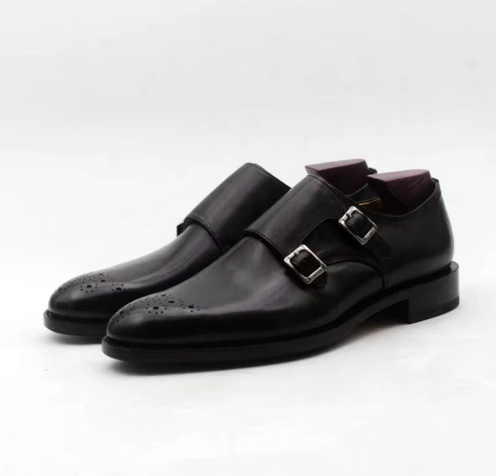 Hand-Painted Goodyear-Welted Monk Strap Shoes — Full-Grain Calf Leather MS184