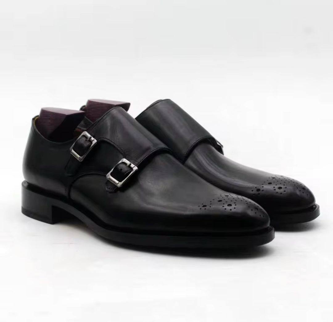 Hand-Painted Goodyear-Welted Monk Strap Shoes — Full-Grain Calf Leather MS184