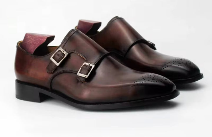 Hand-Painted Goodyear-Welted Monk Strap Shoes — Full-Grain Calf Leather MS184